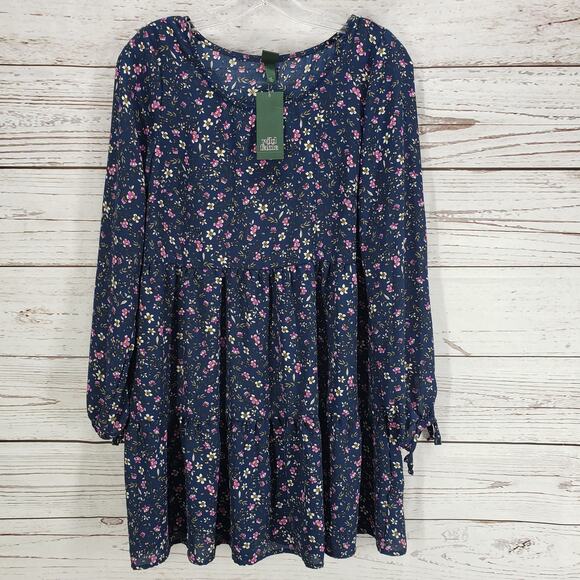 Wild Fable New Blue Floral  Bow Tie End Sleeve Tiered Dress Size Small - Picture 2 of 10